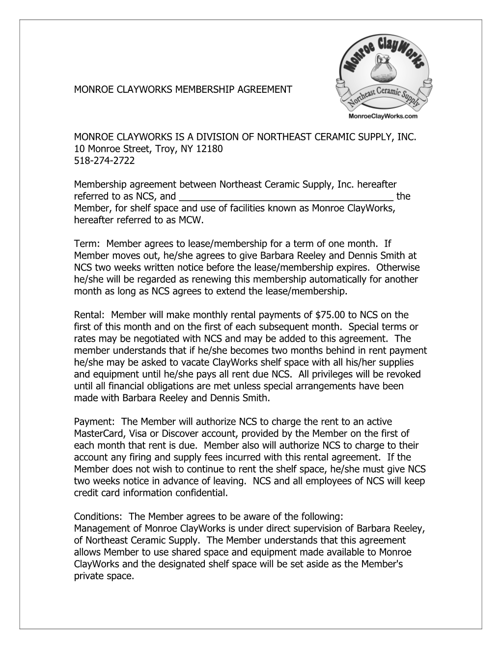 Monroe Clayworks Membership Agreement