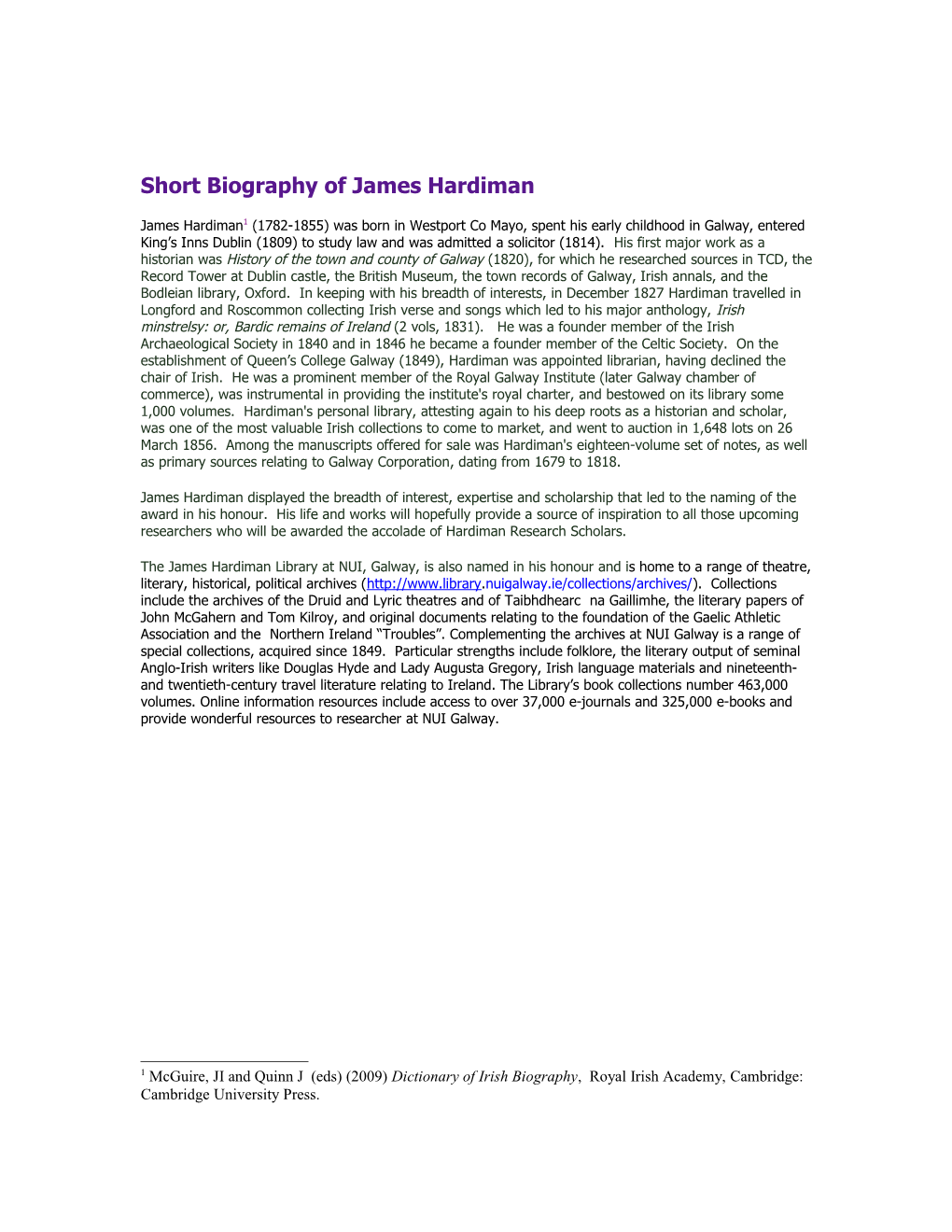 Short Biography of James Hardiman