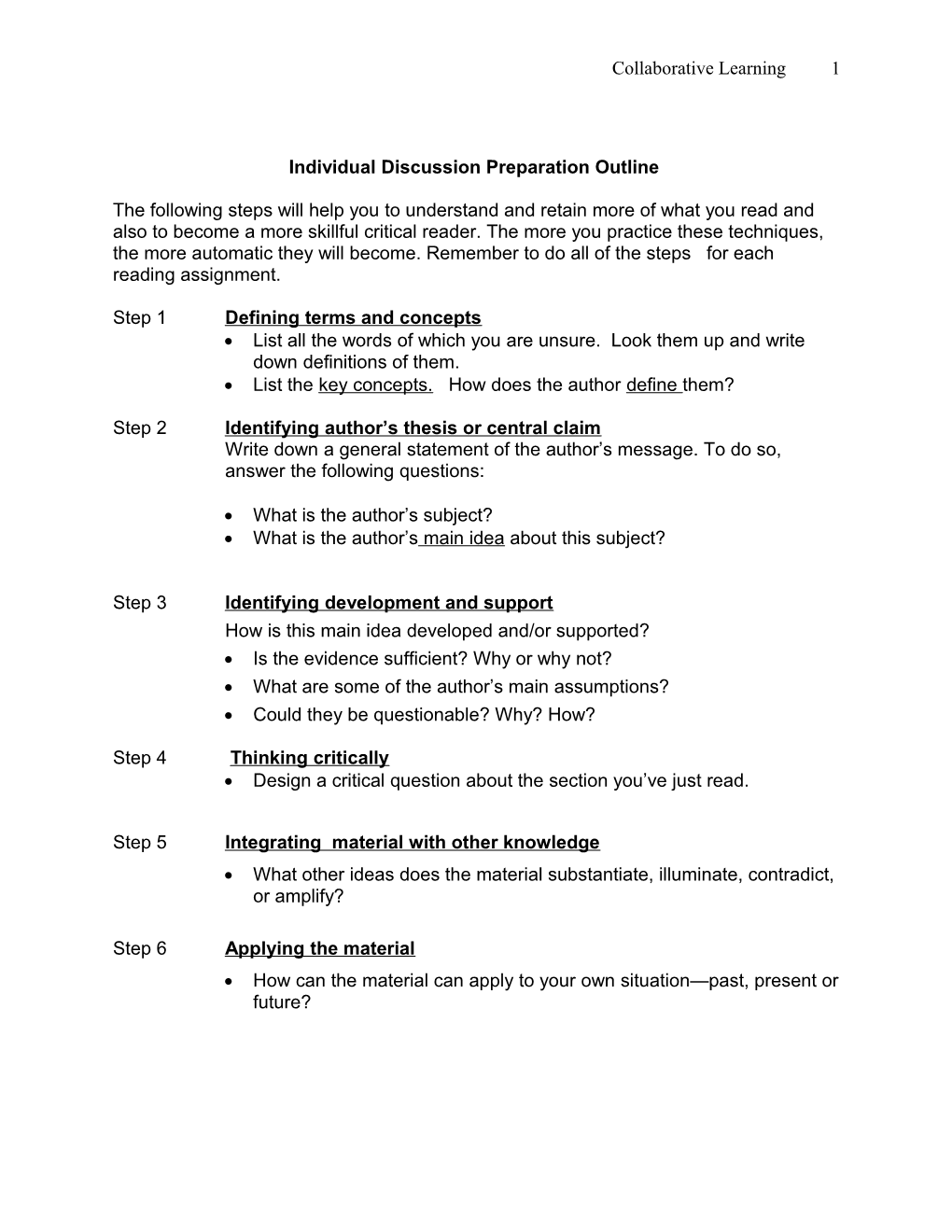 Individual Discussion Preparation Outline