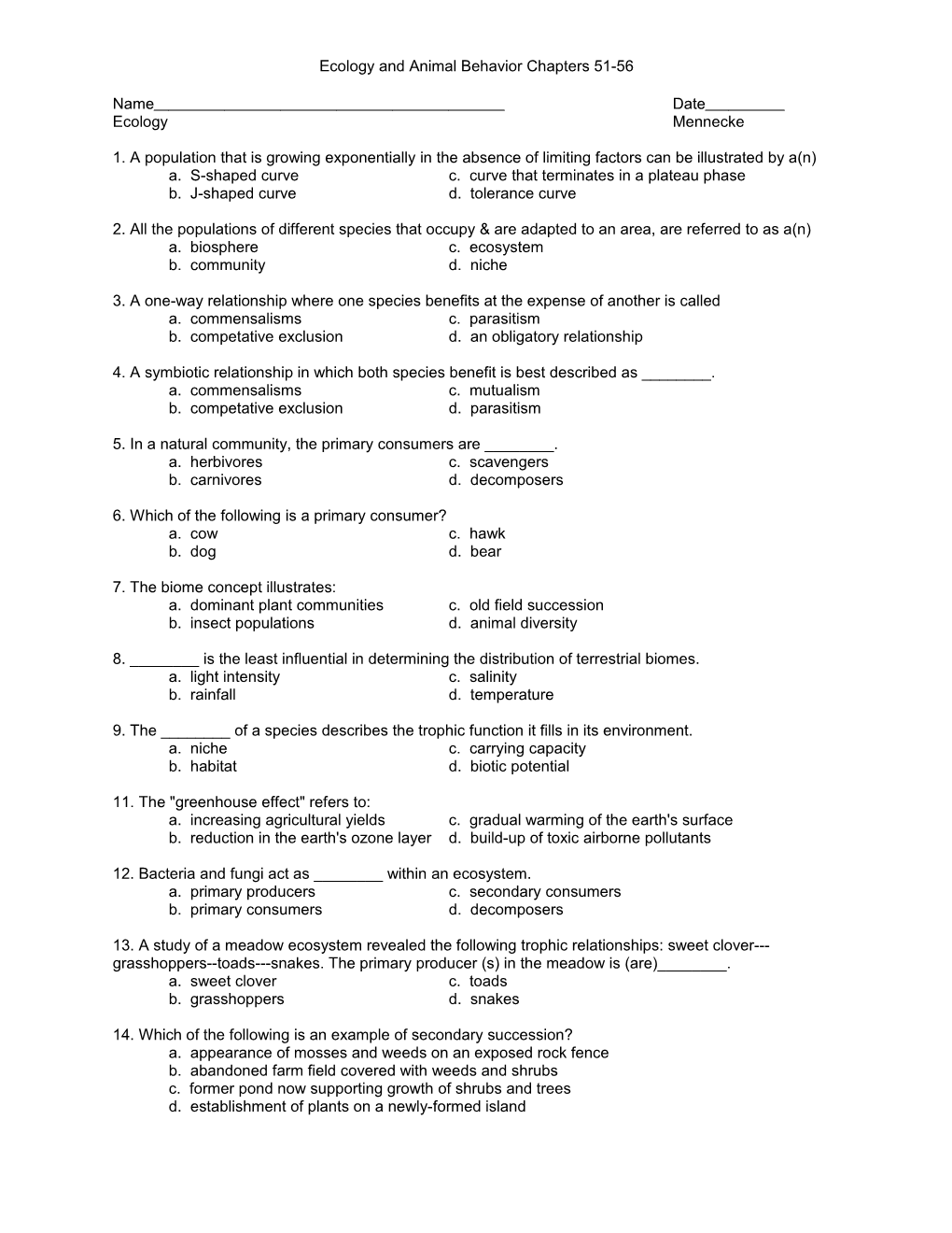 Ecology and Animal Behavior Chapters 51-56