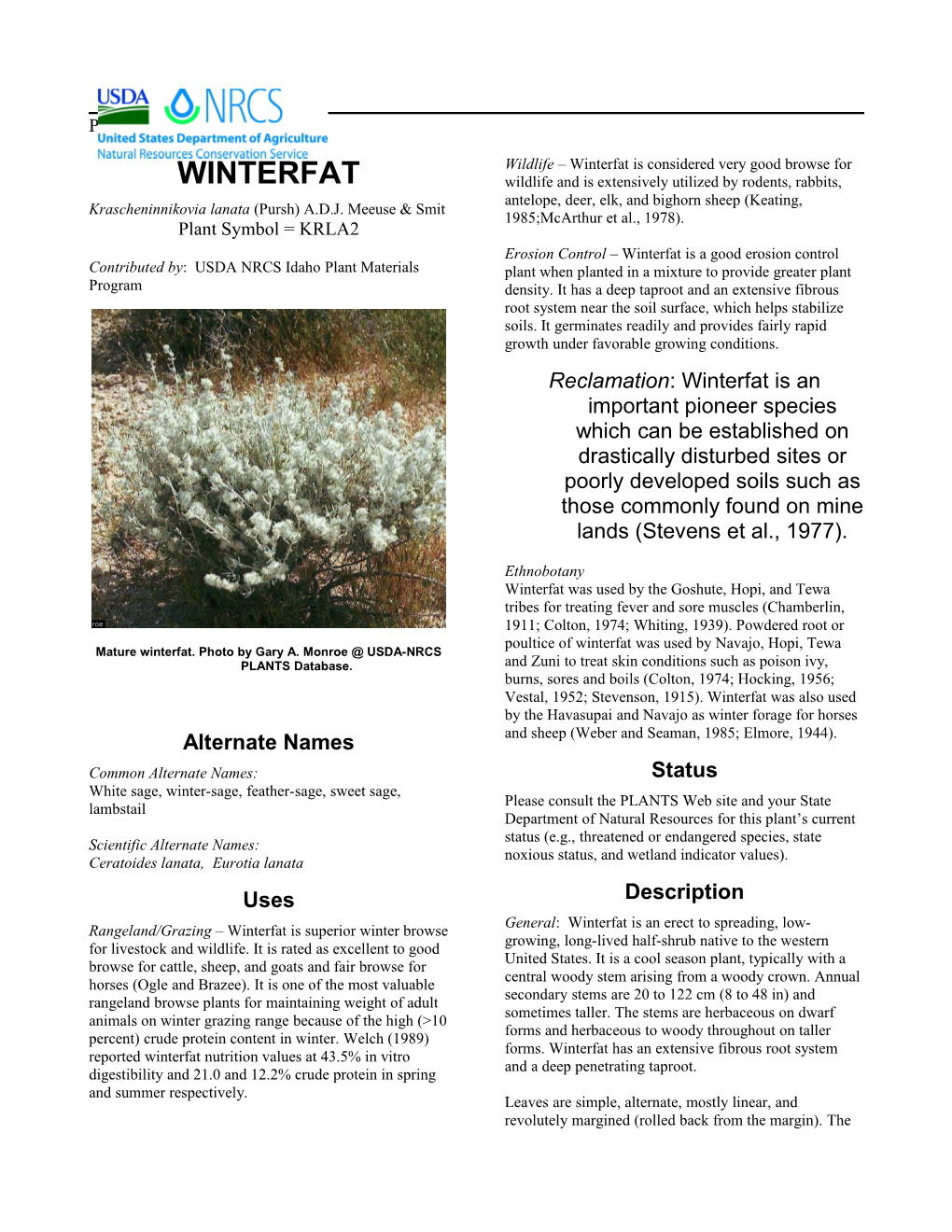 Plant Guide for Winterfat (Krascheninnikovia Lanata)