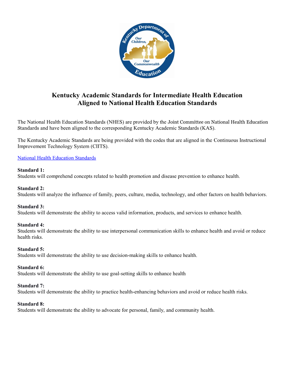 Kentucky Academic Standards for Intermediate Health Education
