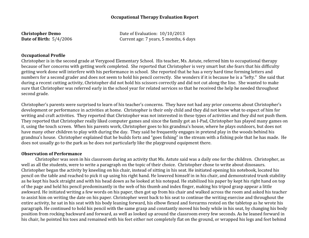 Occupational Therapy Evaluation Report