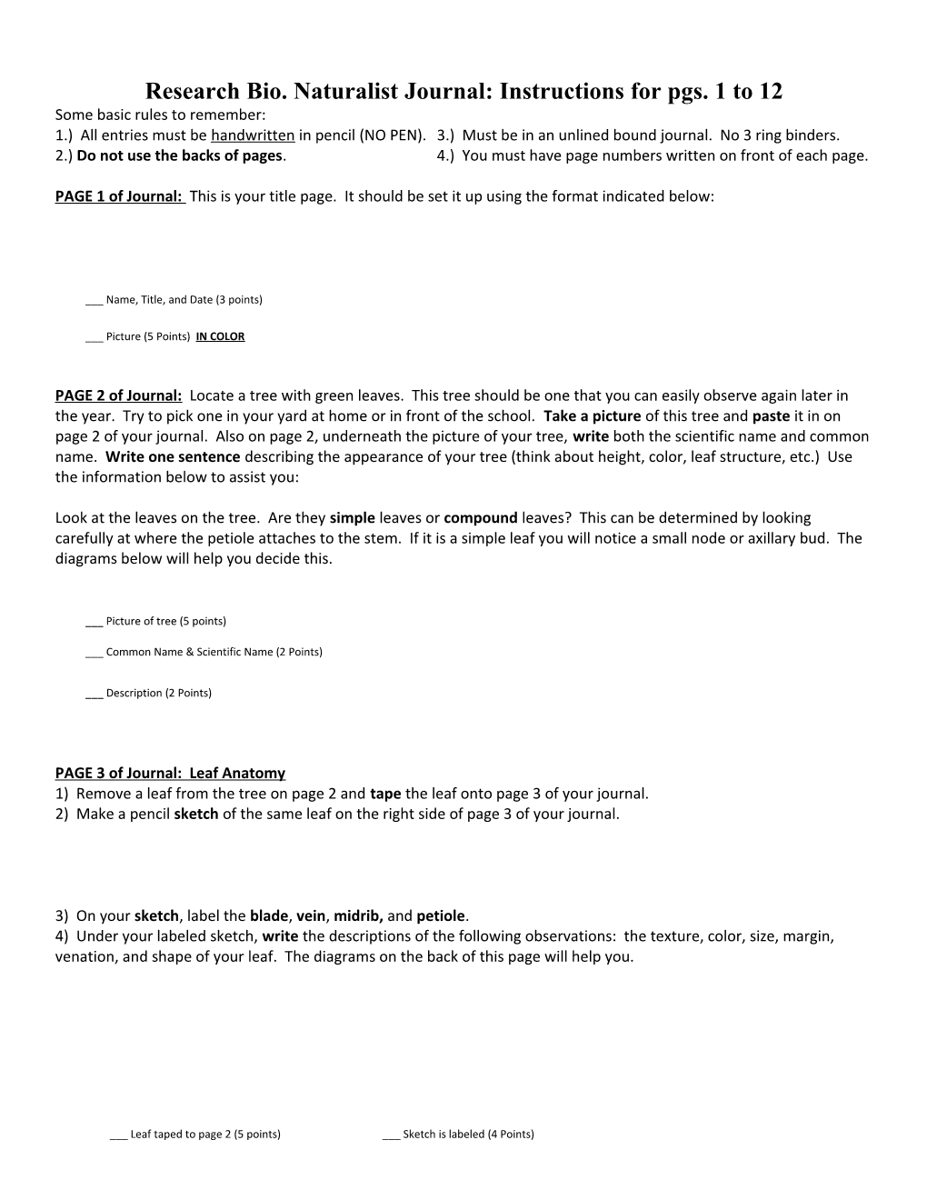 Naturalist Journal: Instructions for Page 1 & 2