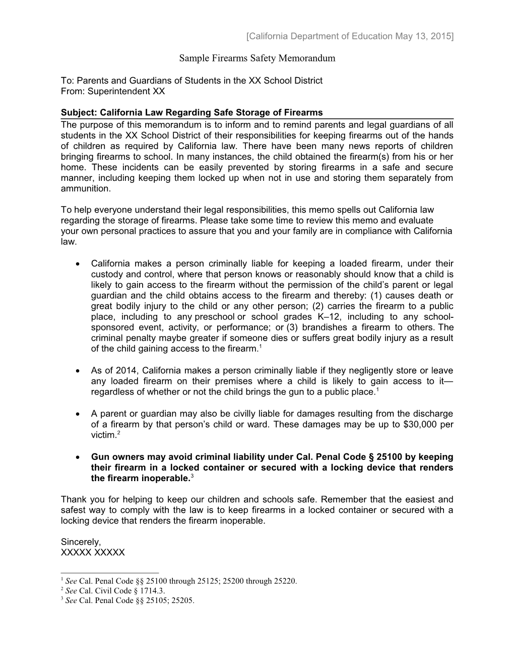 Sample Firearms Safety Memorandum in English - 2015 SSPI Letters (CA Dept. of Education)