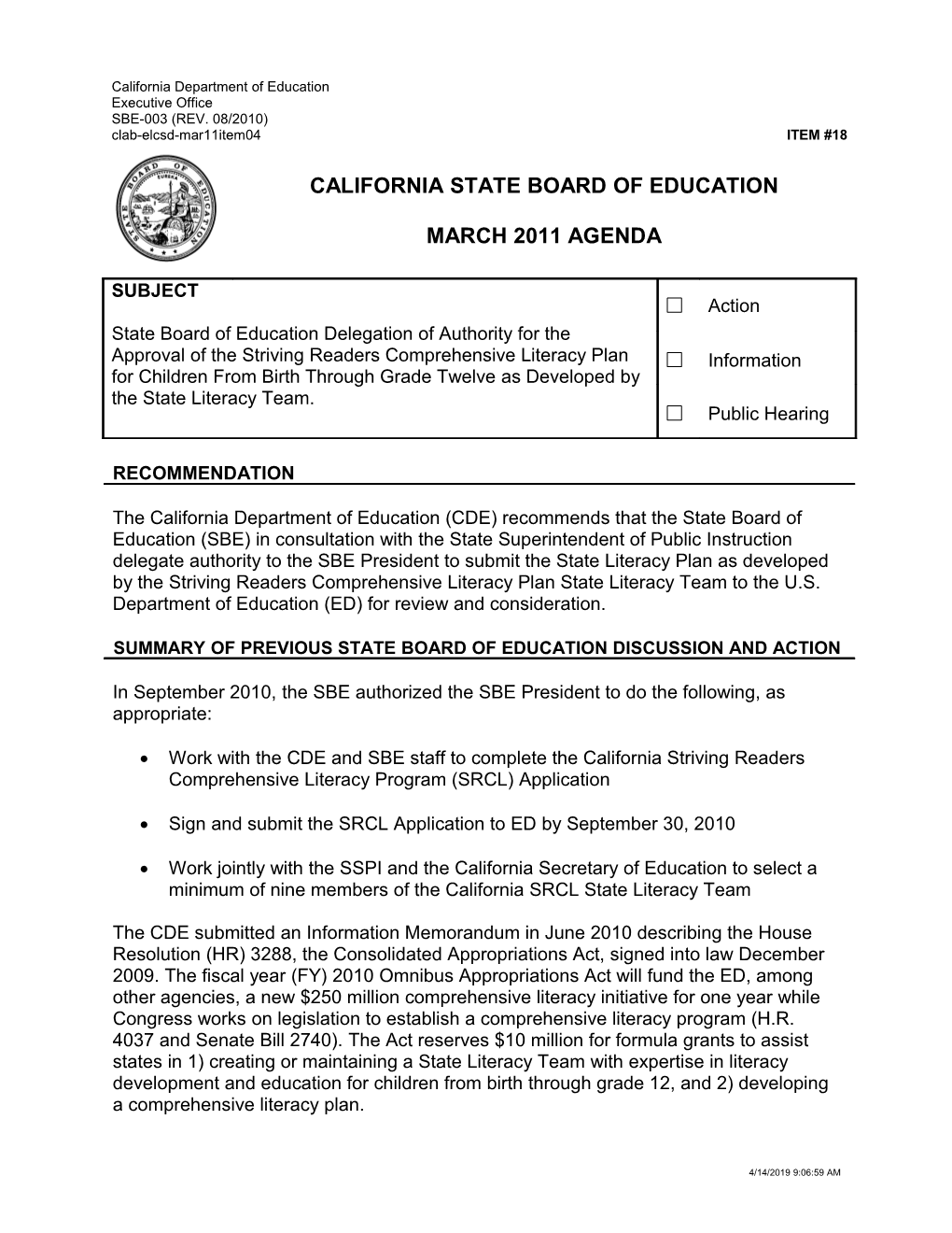 March 2011 Agenda Item 18 - Meeting Agendas (CA State Board of Education)