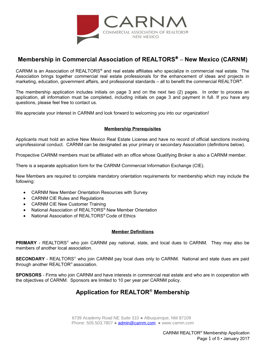 Membership in Commercial Association of REALTORS New Mexico (CARNM)