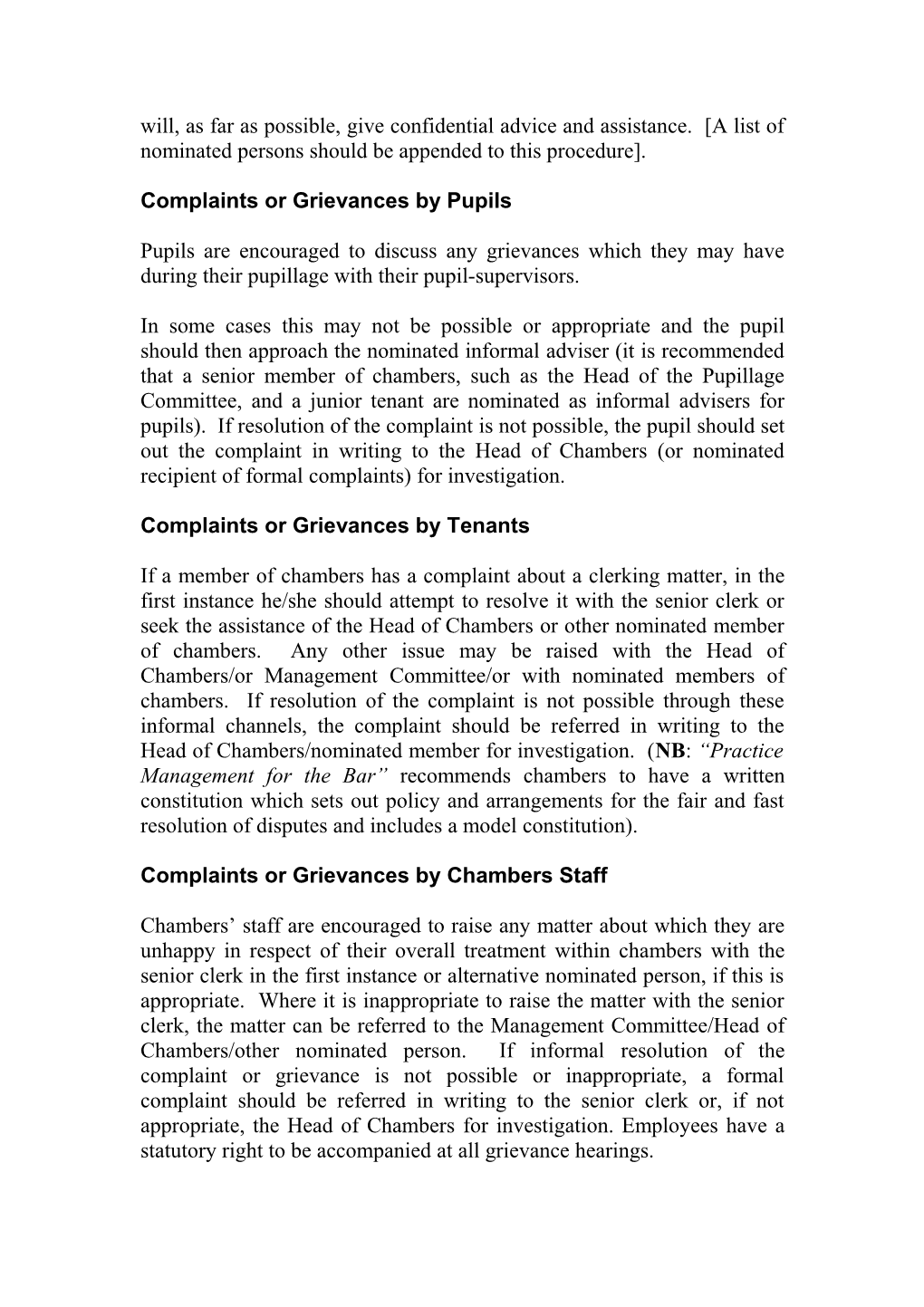 Model Complaints Or Grievance Procedures for Chambers