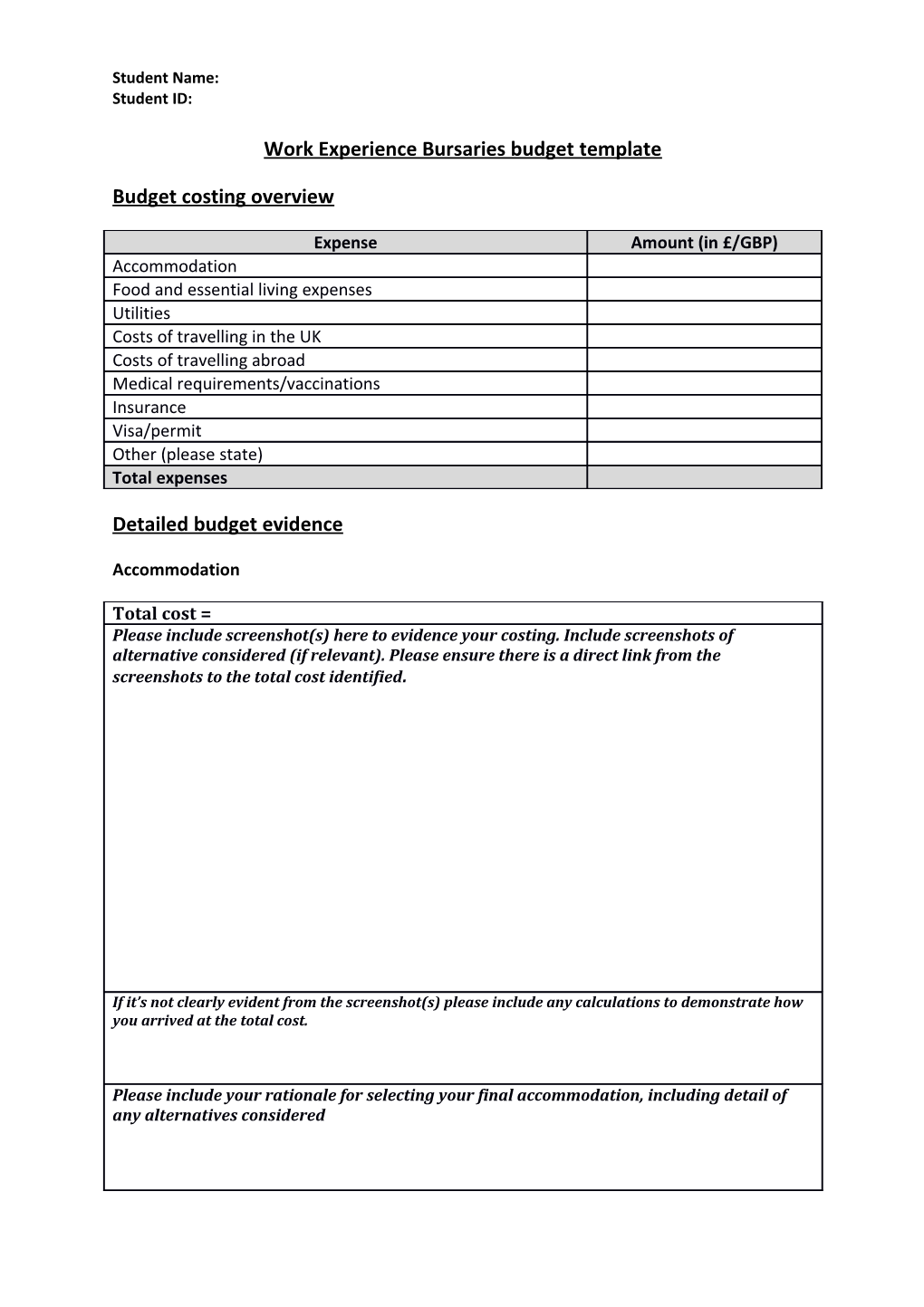 Work Experience Bursaries Budget Template