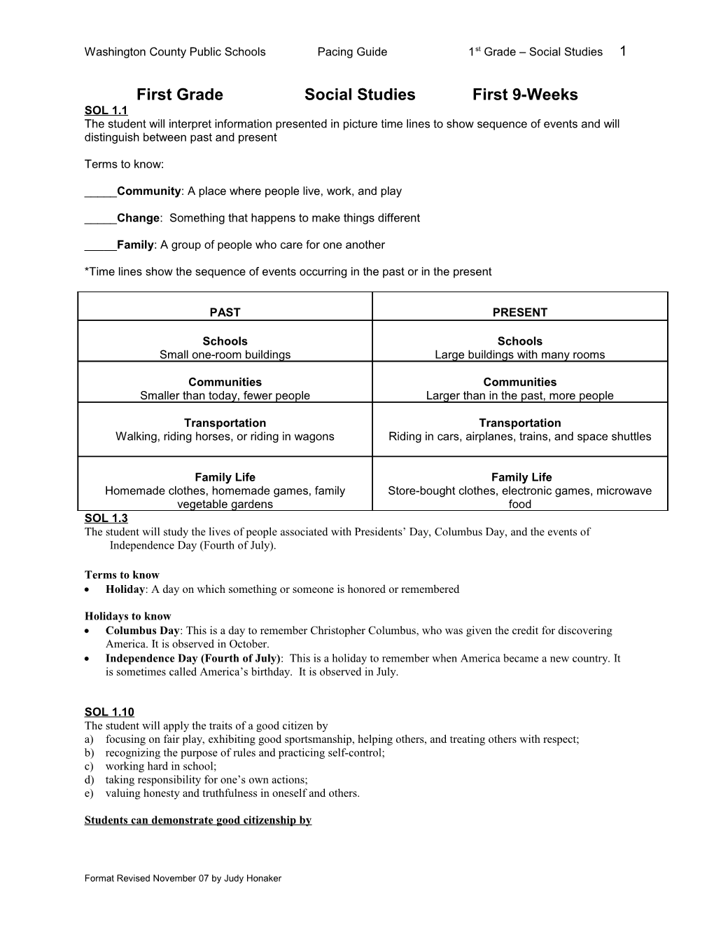 Washington County Public Schools Pacing Guide 1St Grade Social Studies 1