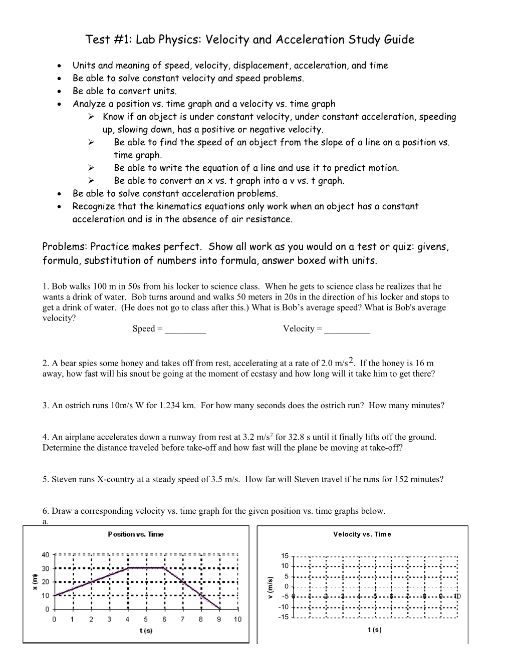 Test #1: Lab Physics: Velocity and Acceleration Study Guide