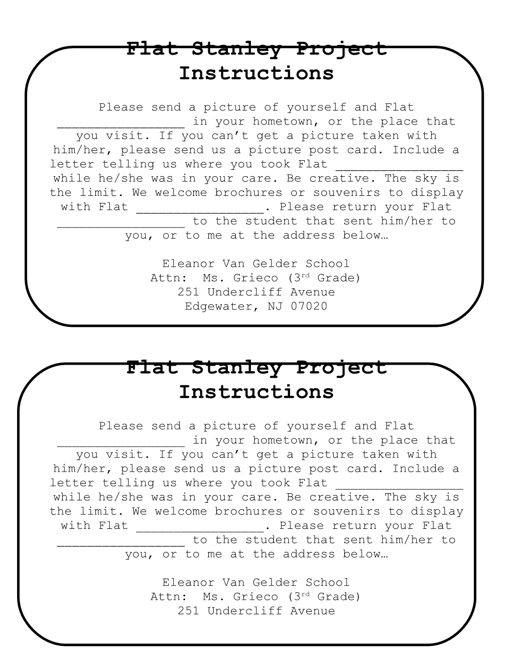Flat Stanley Project Instructions