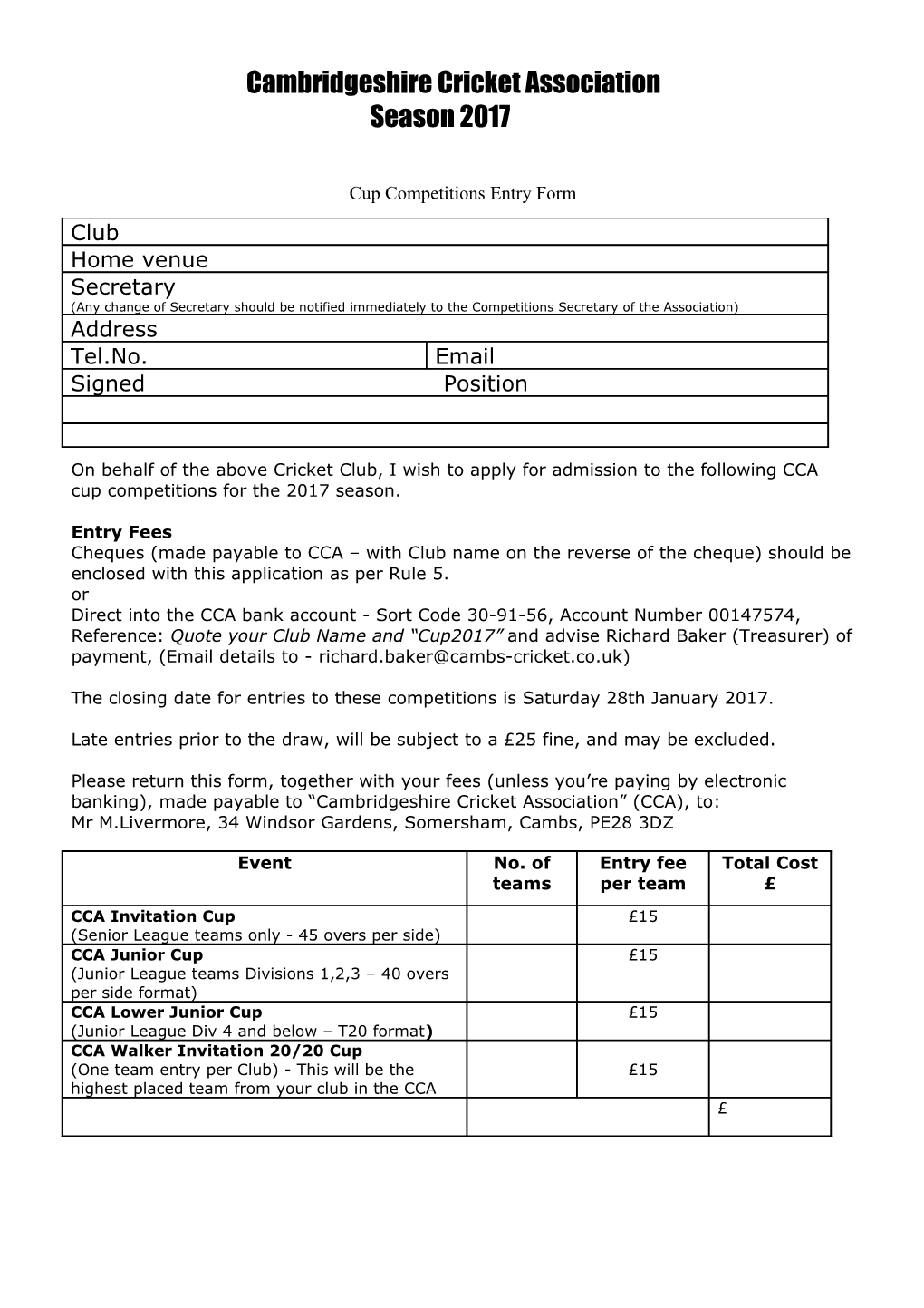 Cup Competitions Entry Form