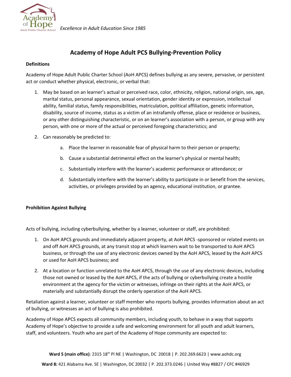 Academy of Hope Adult PCS Bullying-Prevention Policy