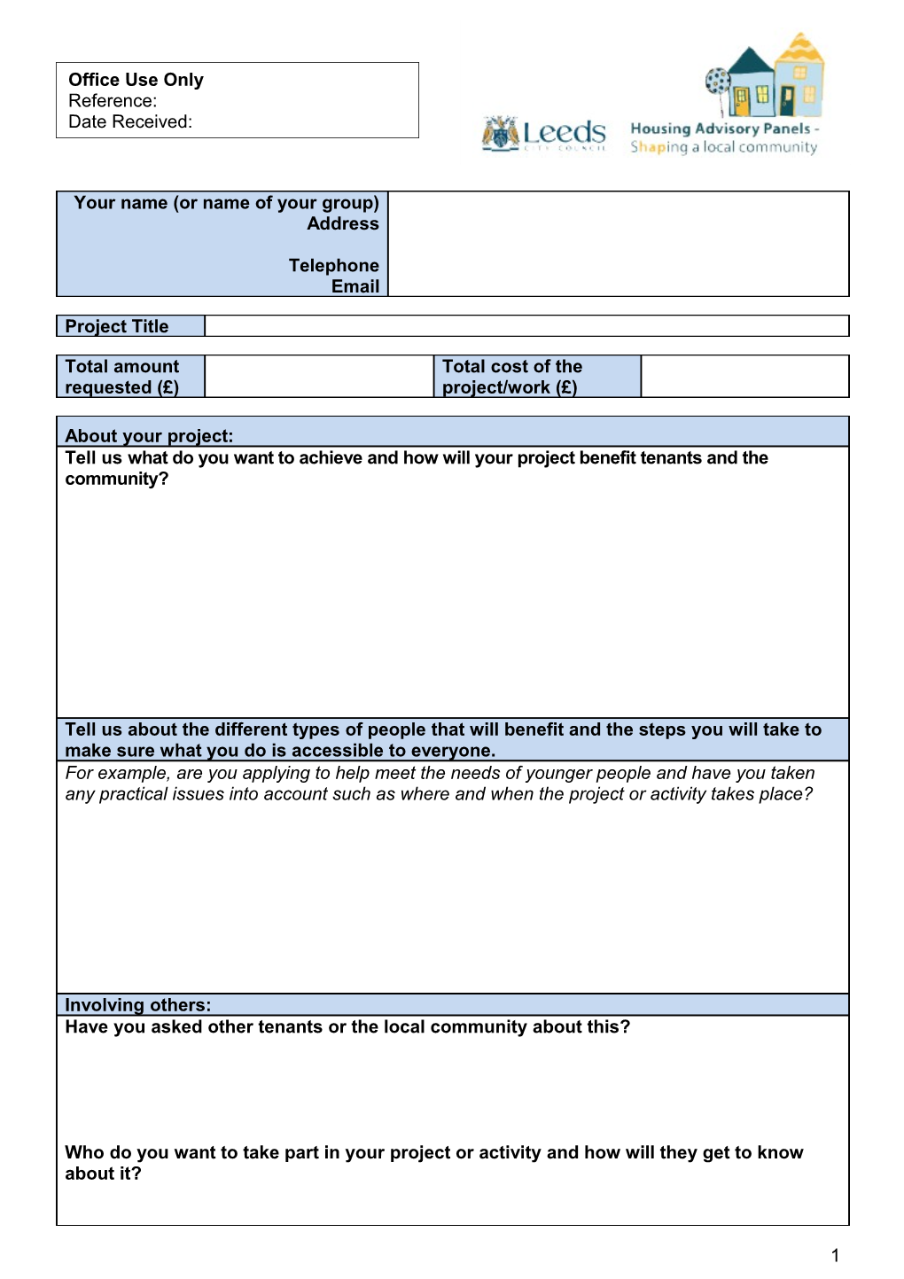 Housing Advisory Panel Funding Application Form