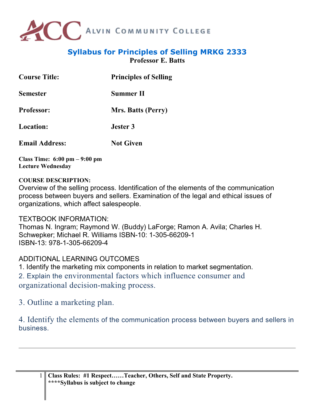 Syllabus for Principles of Selling MRKG 2333
