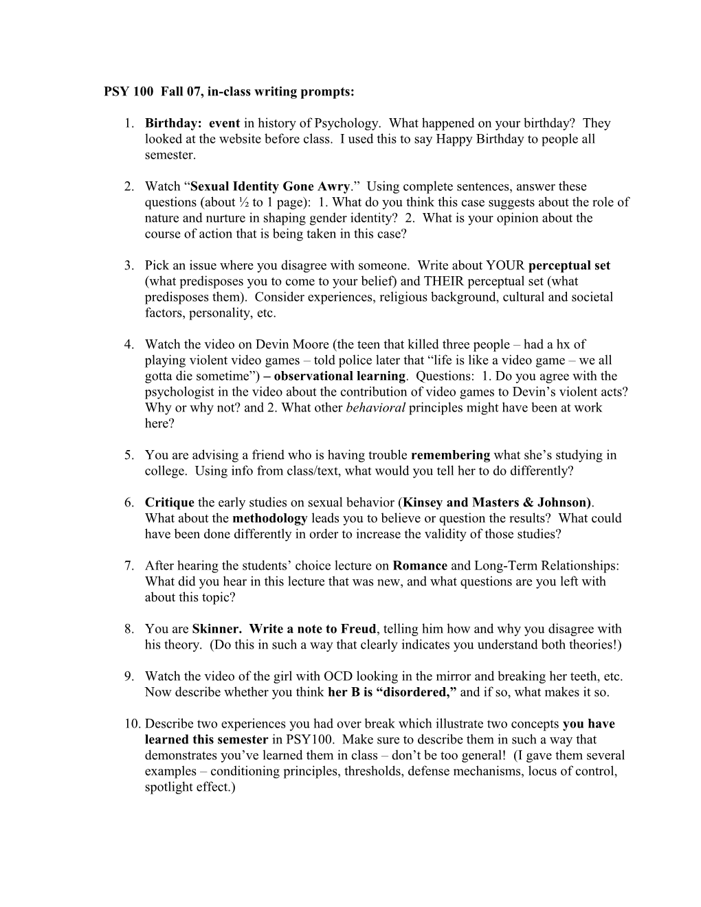 Karla S In-Class Writing Questions, PSY100, Fall 07