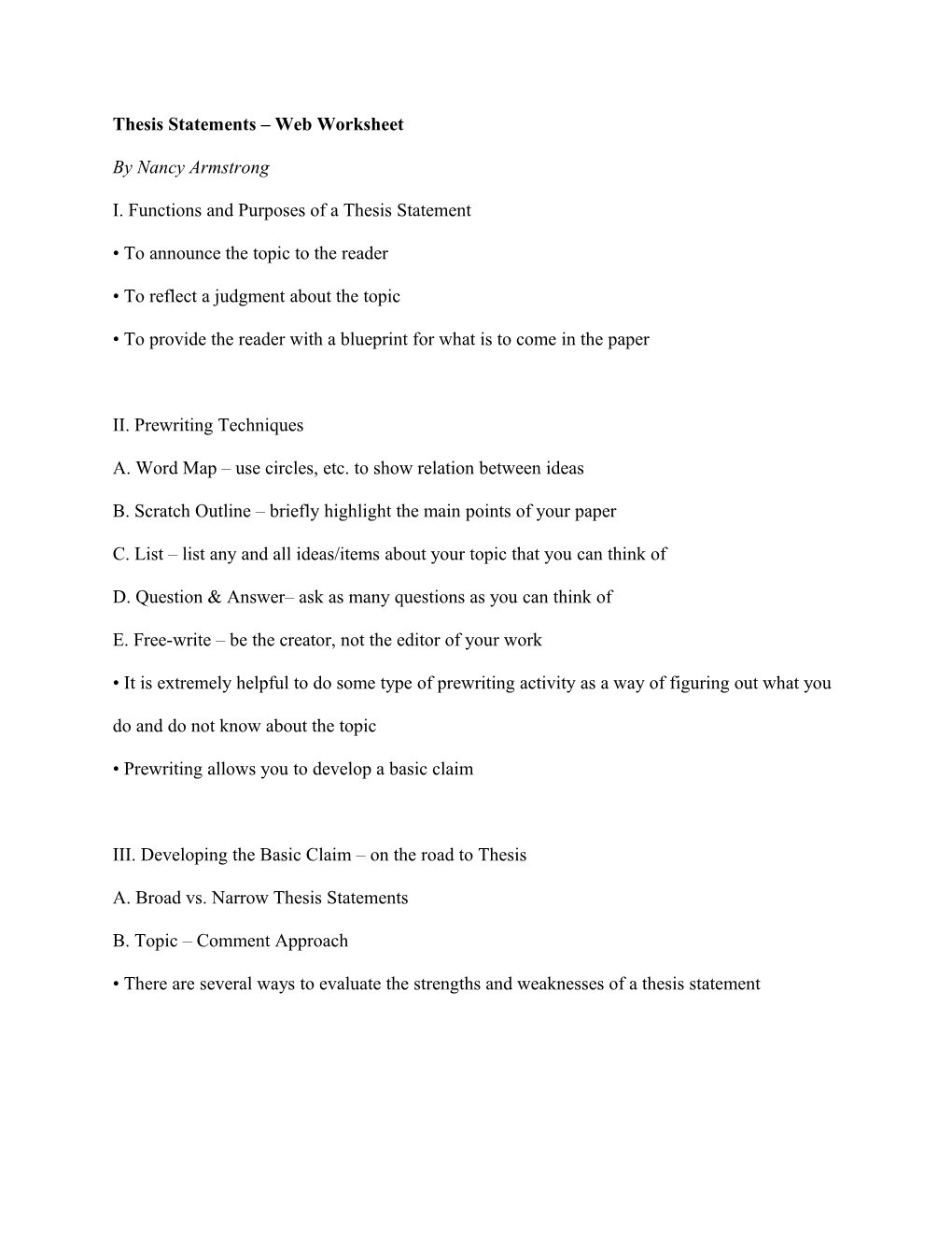 Thesis Statements Web Worksheet