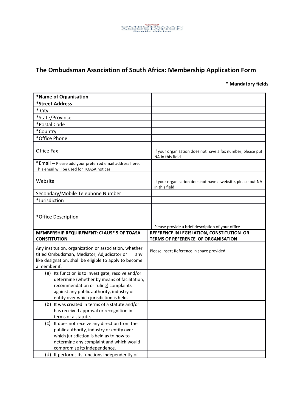 The Ombudsman Association of South Africa: Membership Application Form