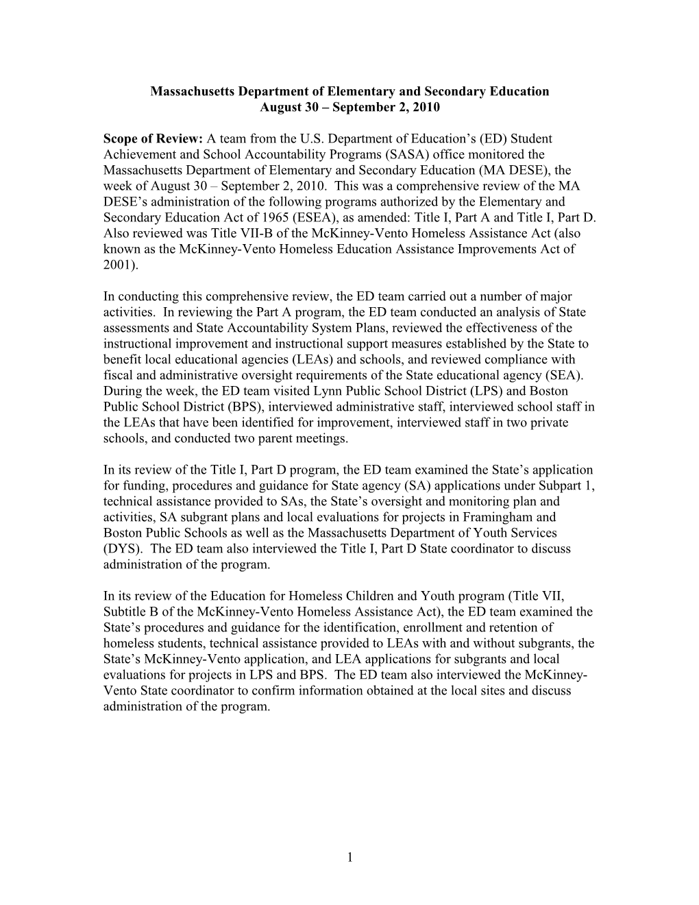 Massachusetts Title I Monitoring Report August 30 - September 2, 2010 (MS WORD)