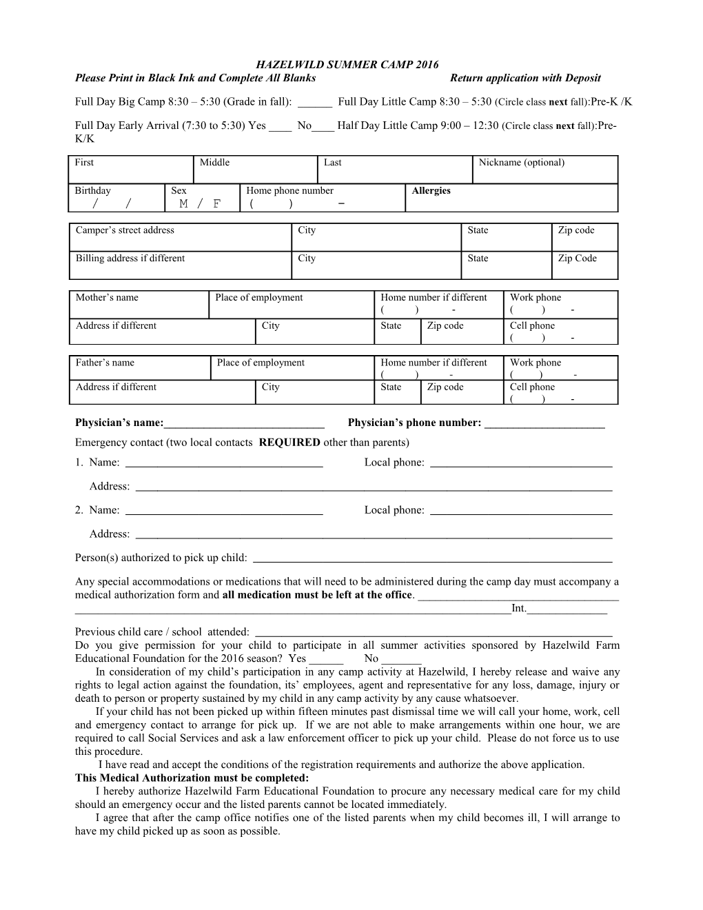Application for Camp