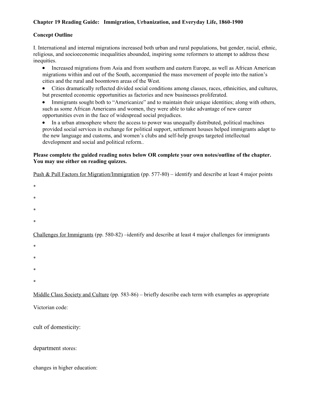 Chapter 19 Reading Guide: Immigration, Urbanization, and Everyday Life, 1860-1900