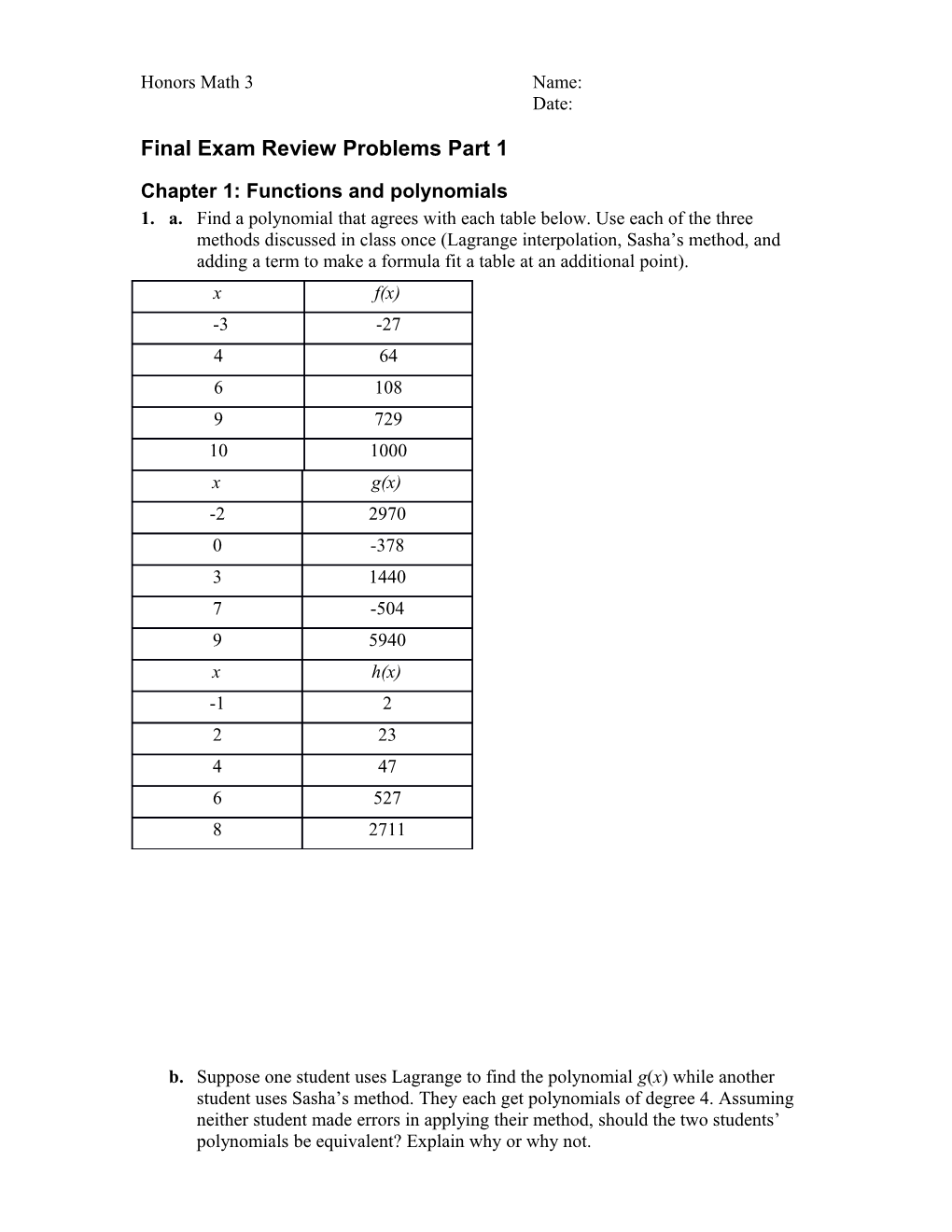 Final Exam Review Problems Part 1