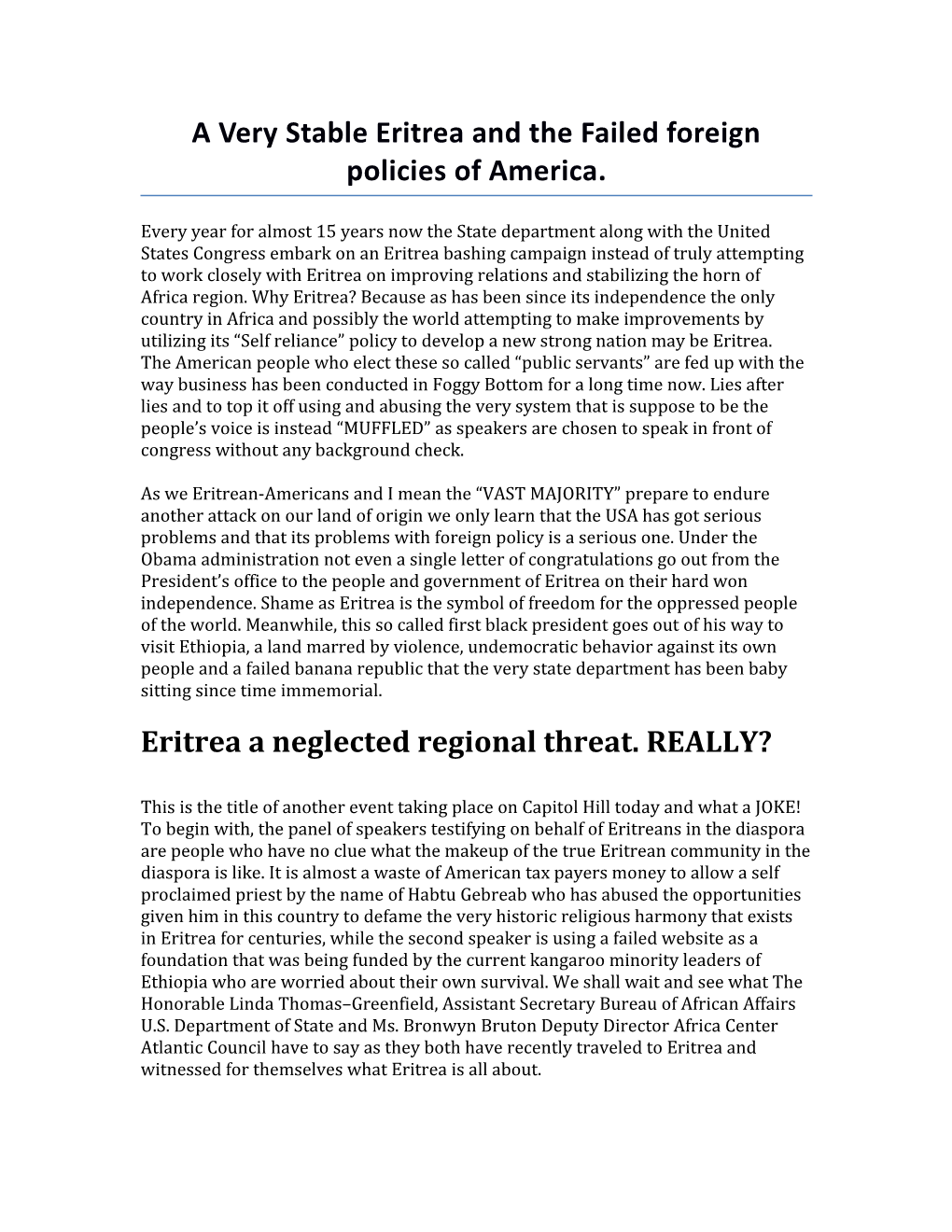 A Very Stable Eritrea and the Failed Foreign Policies of America