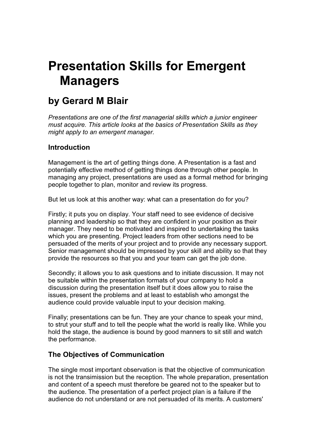 Presentation Skills for Emergent Managers