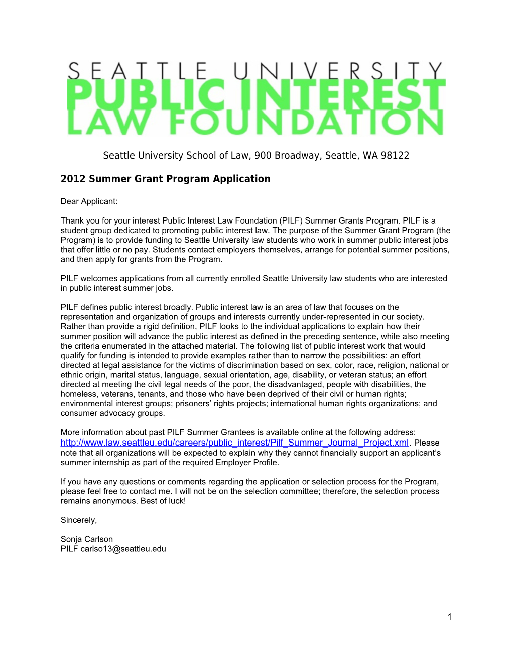 2012 Summer Grant Program Application
