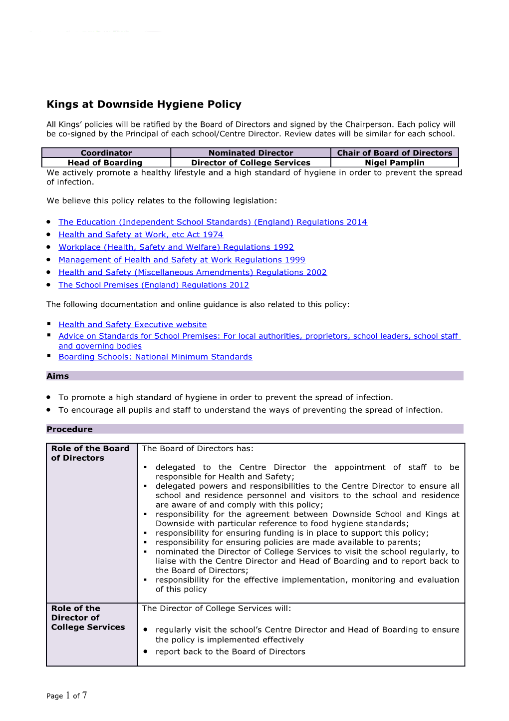 Kings at Downside Hygiene Policy