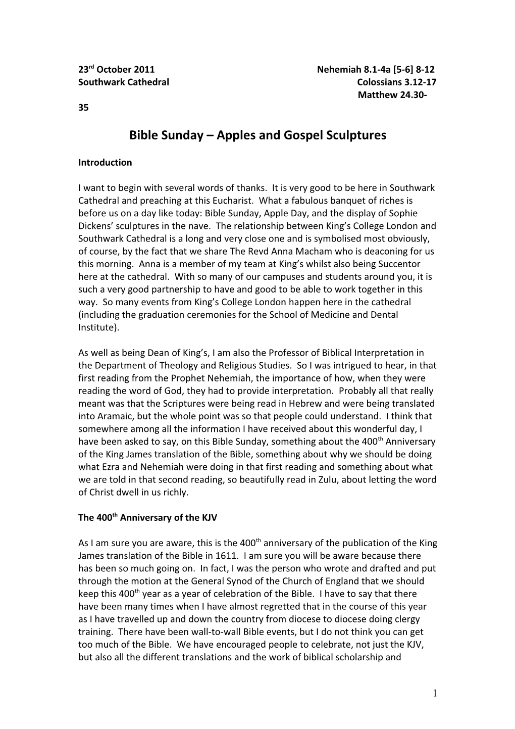 23Rd October 2011 Nehemiah 8.1-4A 5-6 8-12 Southwark Cathedral Colossians 3.12-17