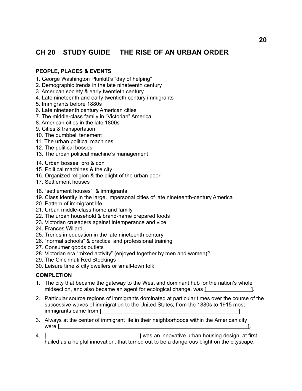 Ch 20 Study Guide the Rise of an Urban Order