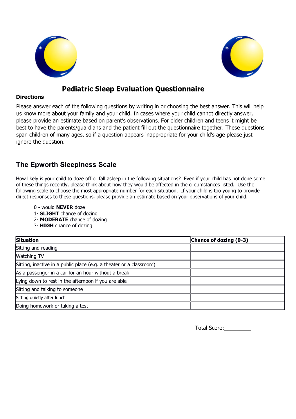 Pediatric Sleep Evaluation Questionnaire