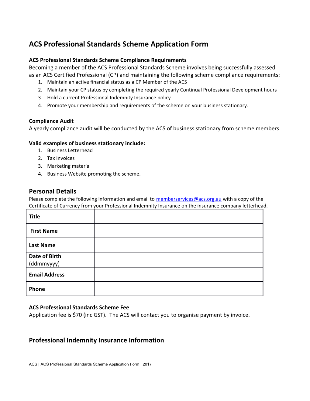 ACS Professional Standards Scheme Application Form