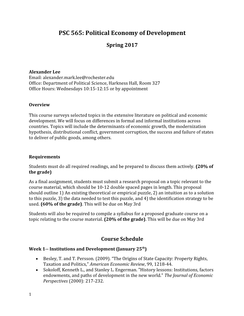 PSC 565: Political Economy of Development