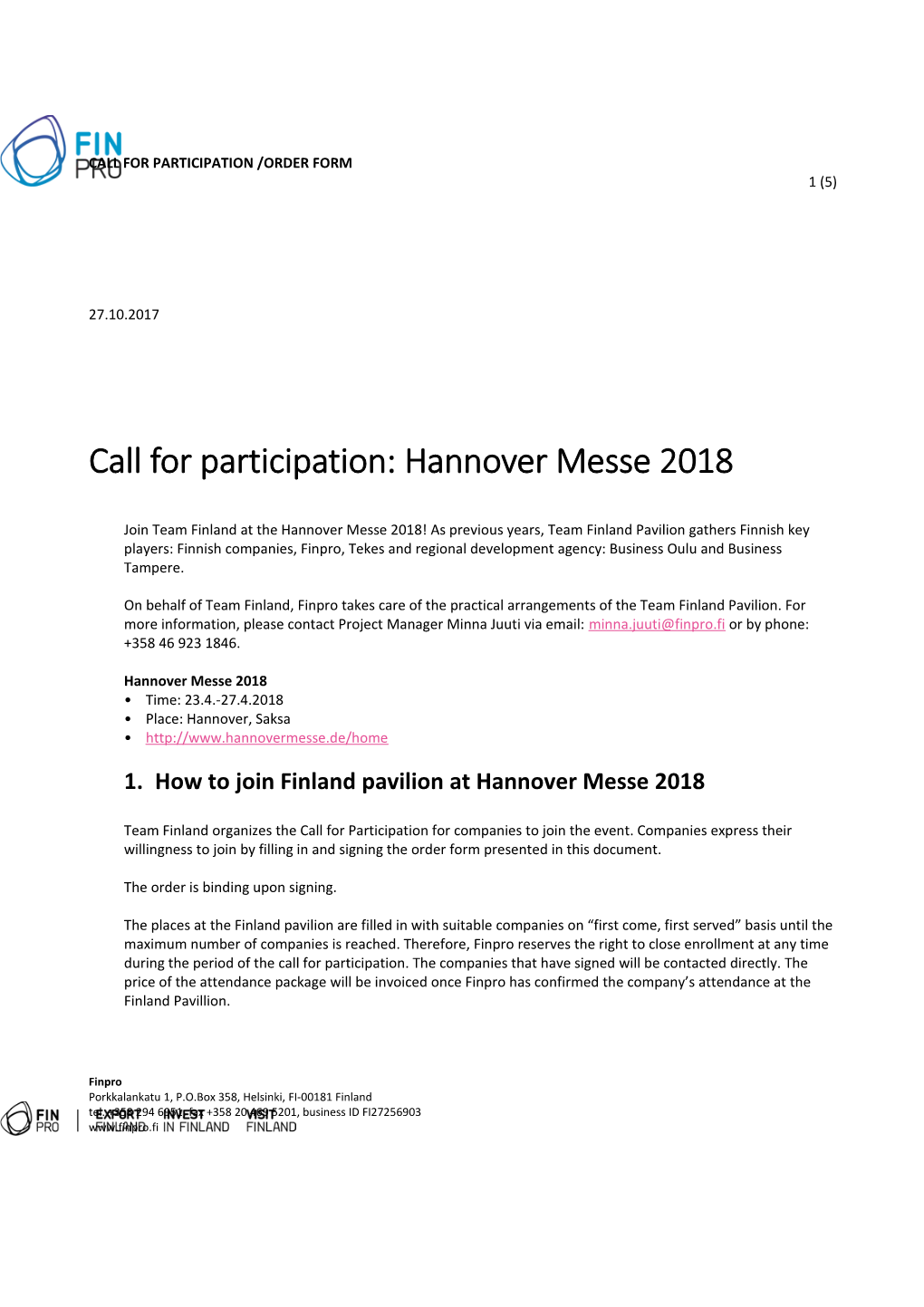 Call for Participation: Hannover Messe 2018