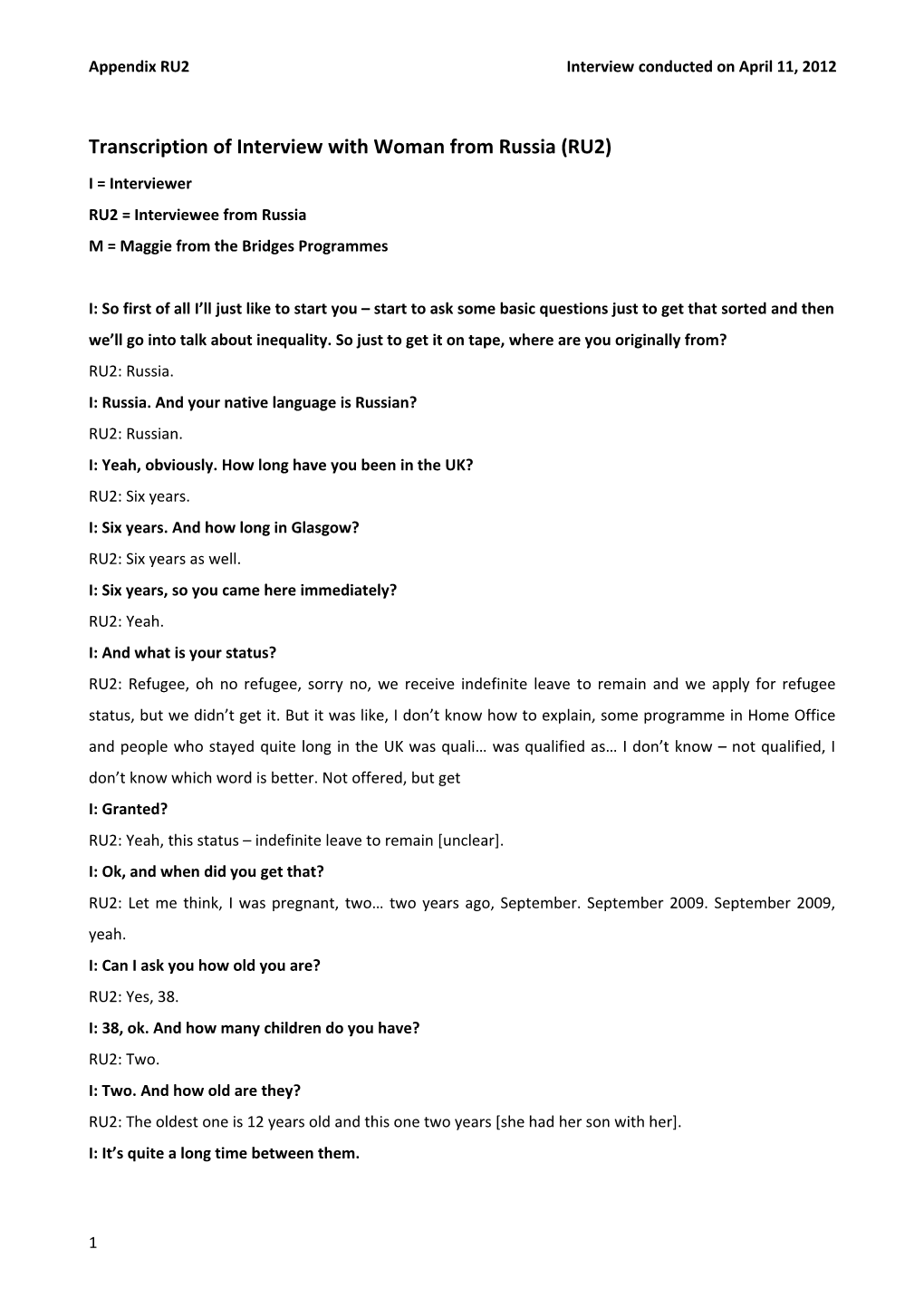 Transcription of Interview with Woman from Russia (RU2)