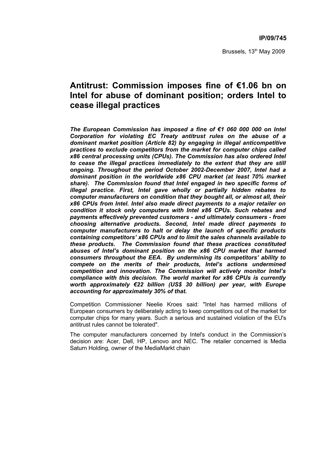 Antitrust: Commission Imposes Fine of 1.06 Bn on Intel for Abuse of Dominant Position;