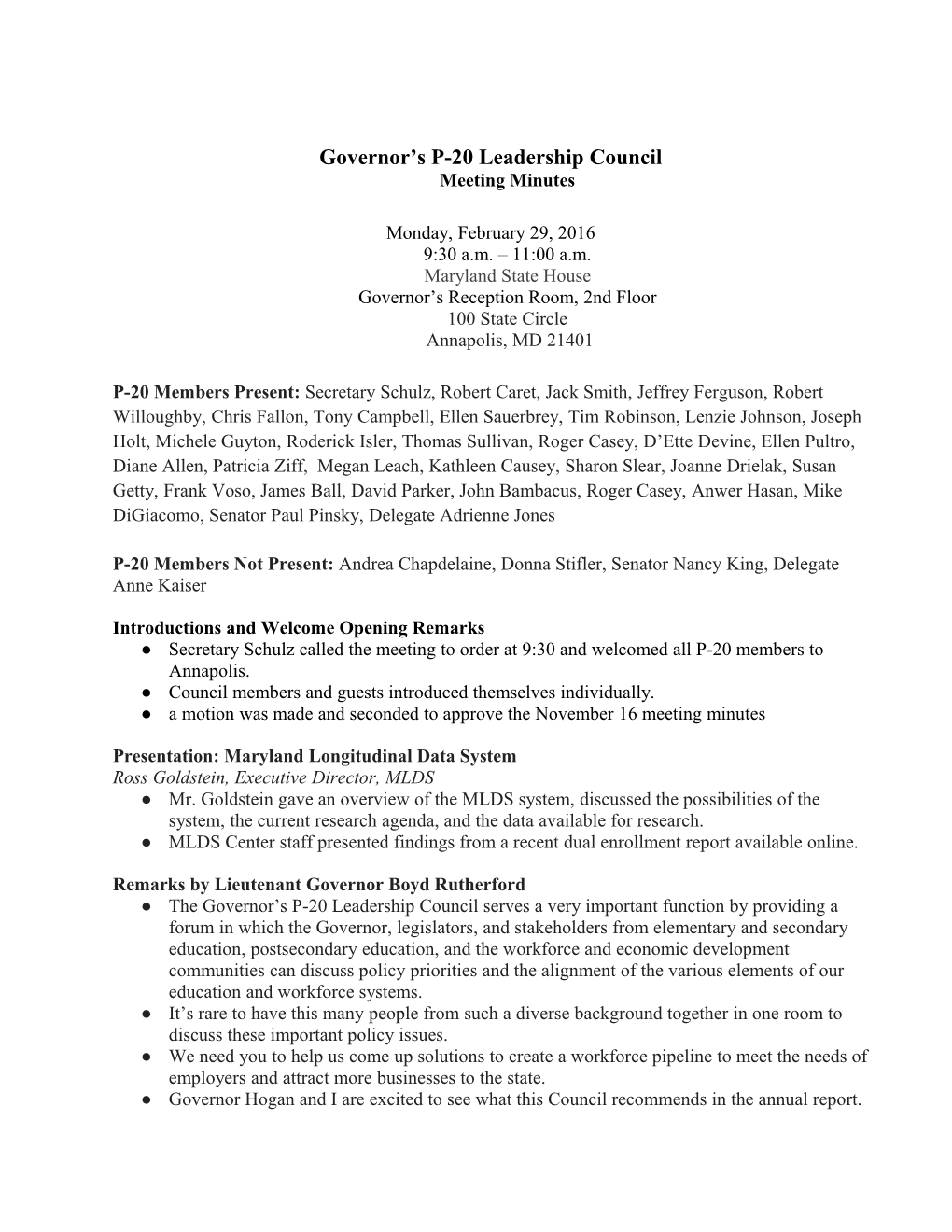 Governor S P-20 Leadership Councilmeeting Minutes