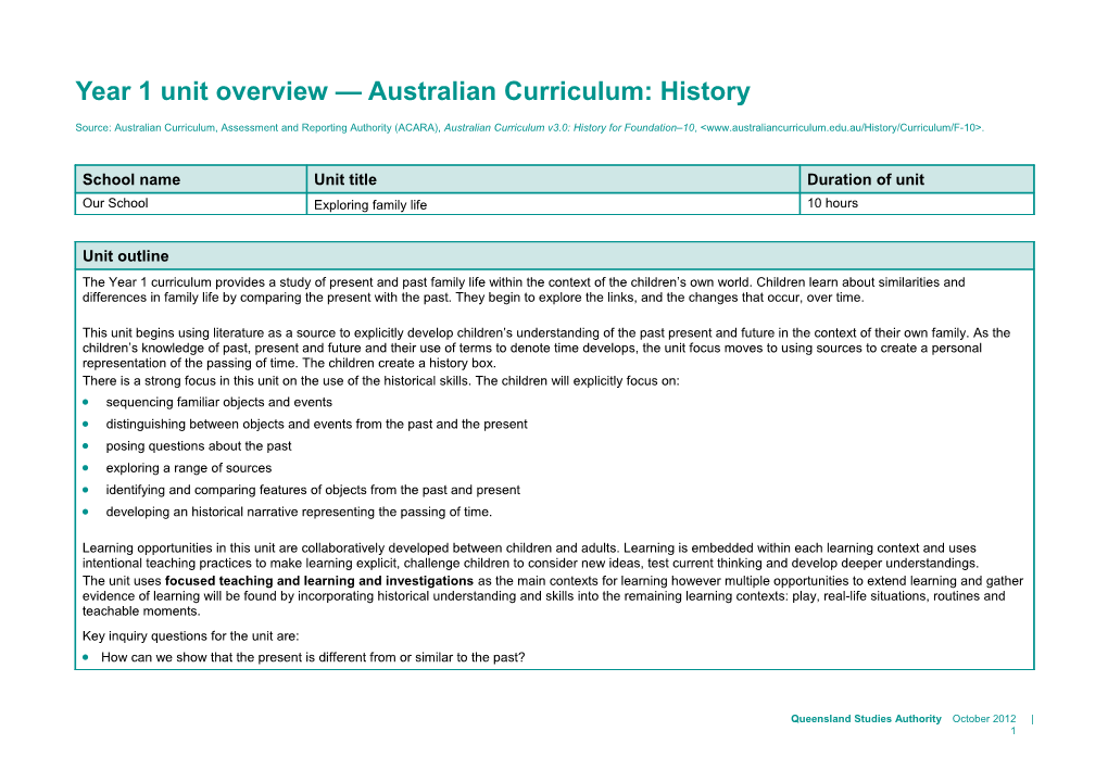 Year 1 Unit Overview Australian Curriculum: History