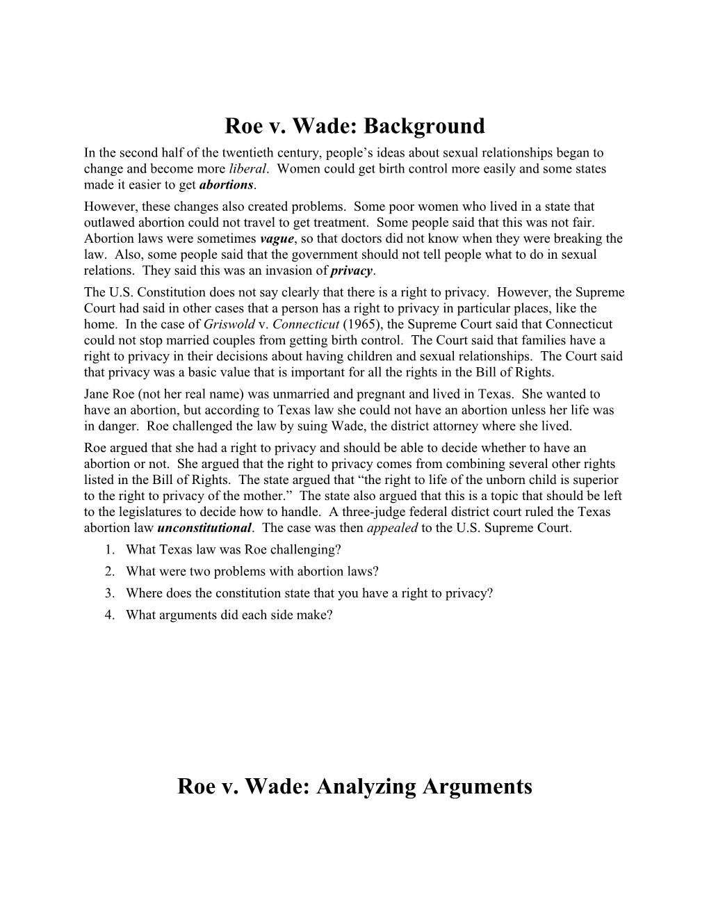 Roe V. Wade: Background