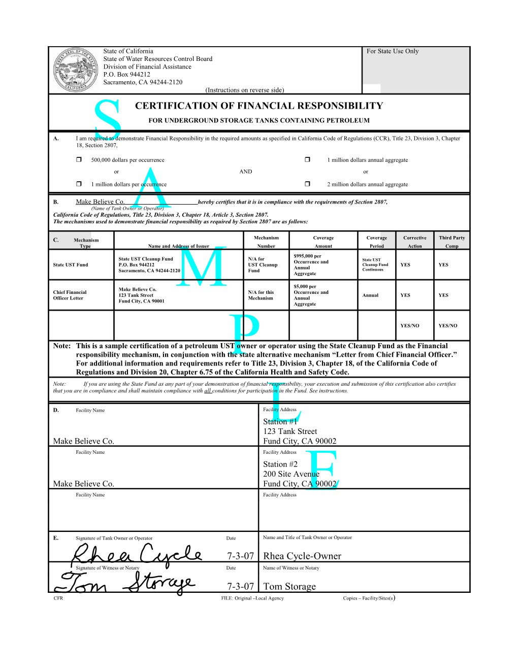 Certification of Financial Responsibility