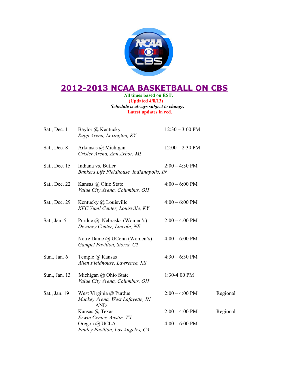 Cbs Sports College Basketball 2011-12 Regular-Season Schedule Highlighted by Top Teams