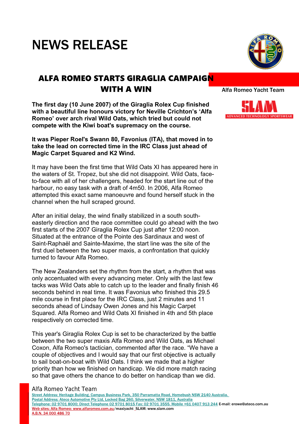 Alfa Romeo Starts Giraglia Campaign with a Win