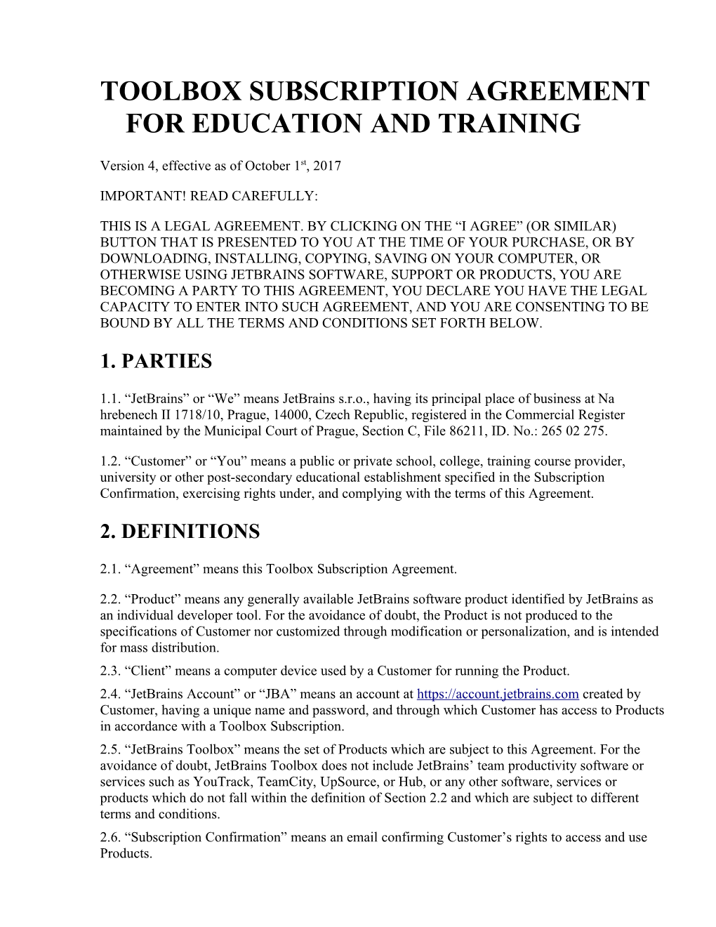 Toolbox Subscription Agreement for Education and Training