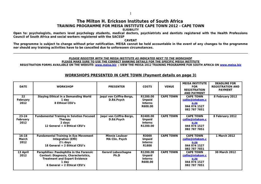 Training Programme for Meisa Institute Cape Town 2012 - Cape Town