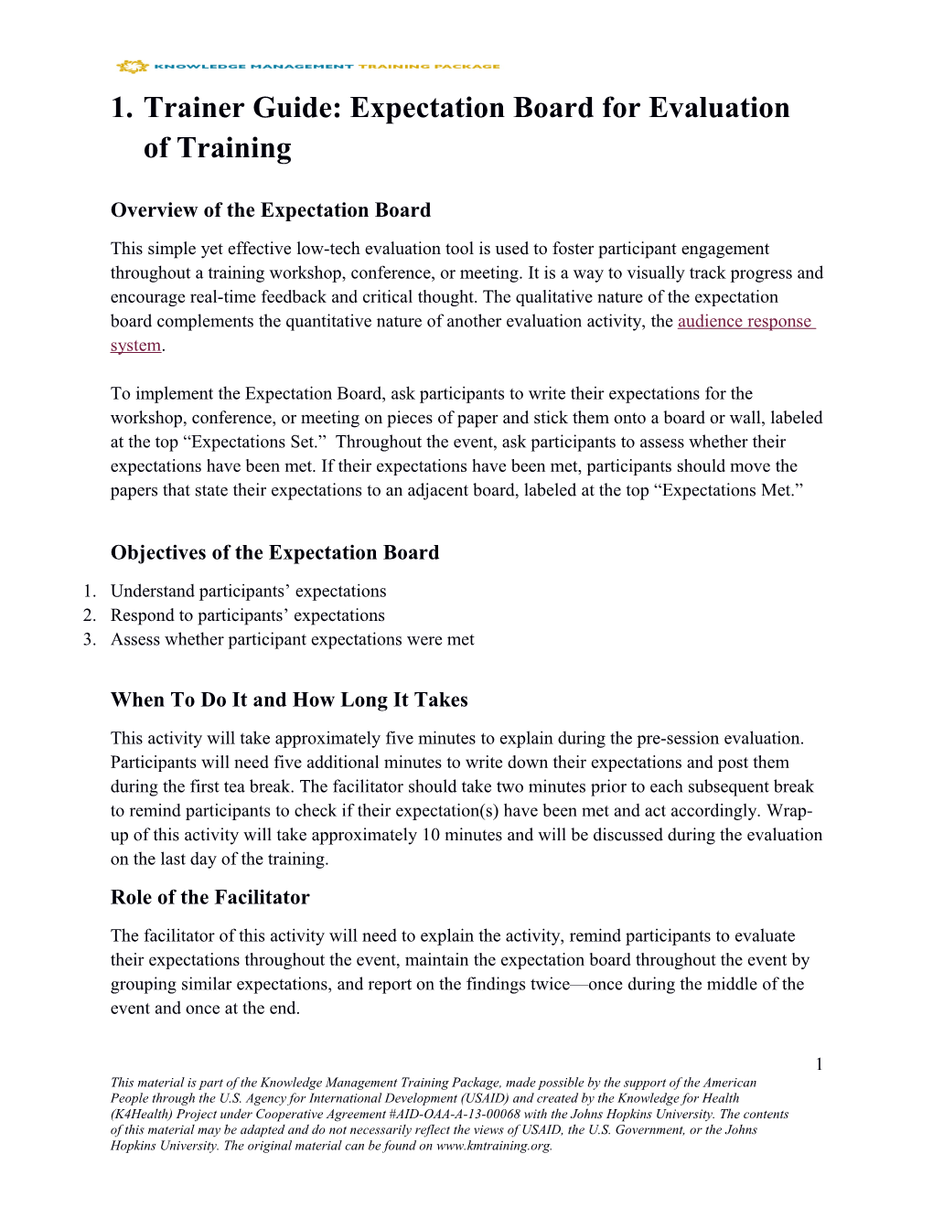 Trainer Guide: Expectation Board for Evaluation of Training