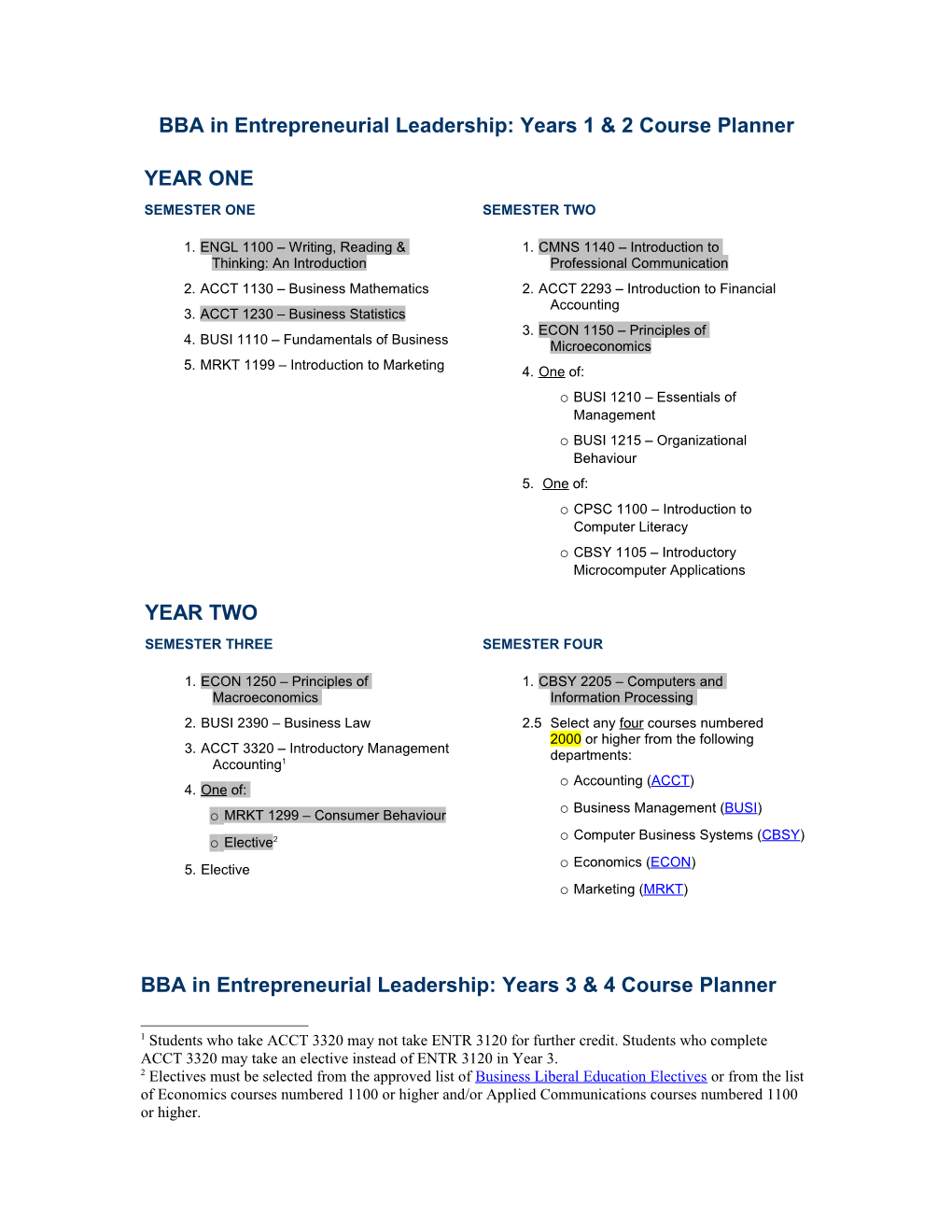 BBA in Entrepreneurial Leadership: Years 1 & 2 Course Planner