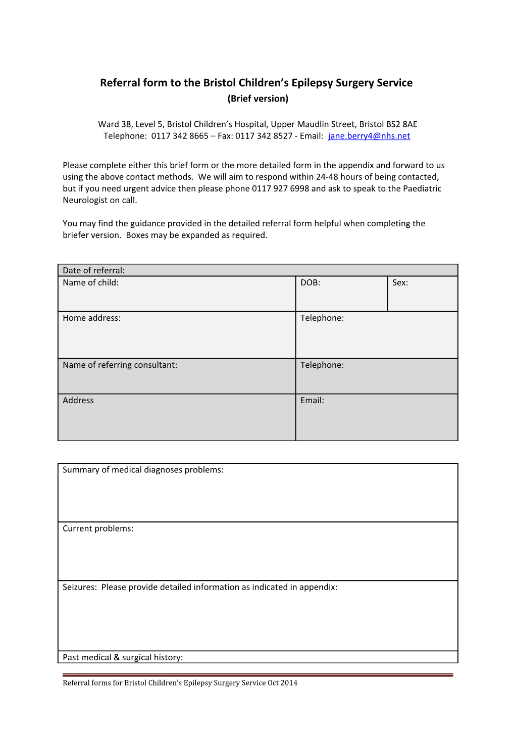 Referral Form to the Bristol Children S Epilepsy Surgery Service